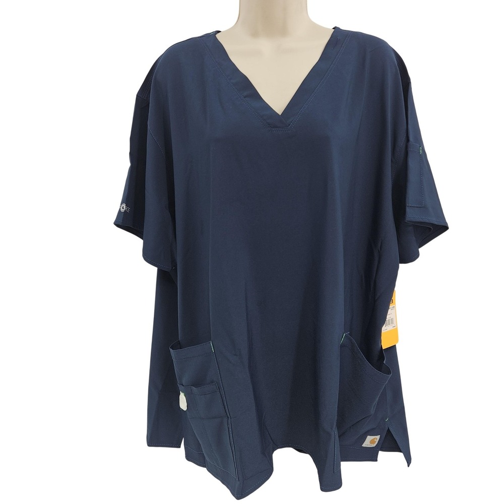 Carhartt Force Scrub Tunic Top Womens 3XL Navy V Neck Cross Flex Pockets Medical